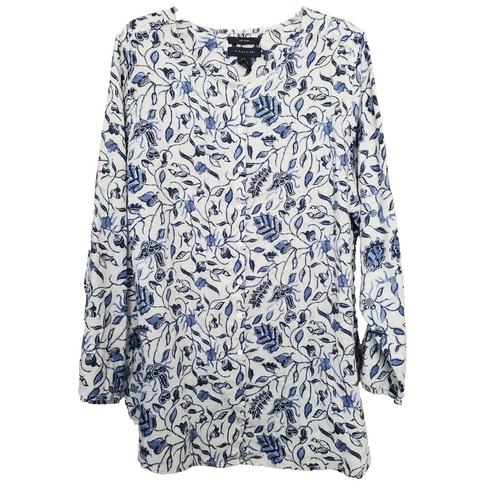 Taharai 100% Linen Floral Print Roll-Tab Sleeve Button-Up Tunic Size 2X Beachy